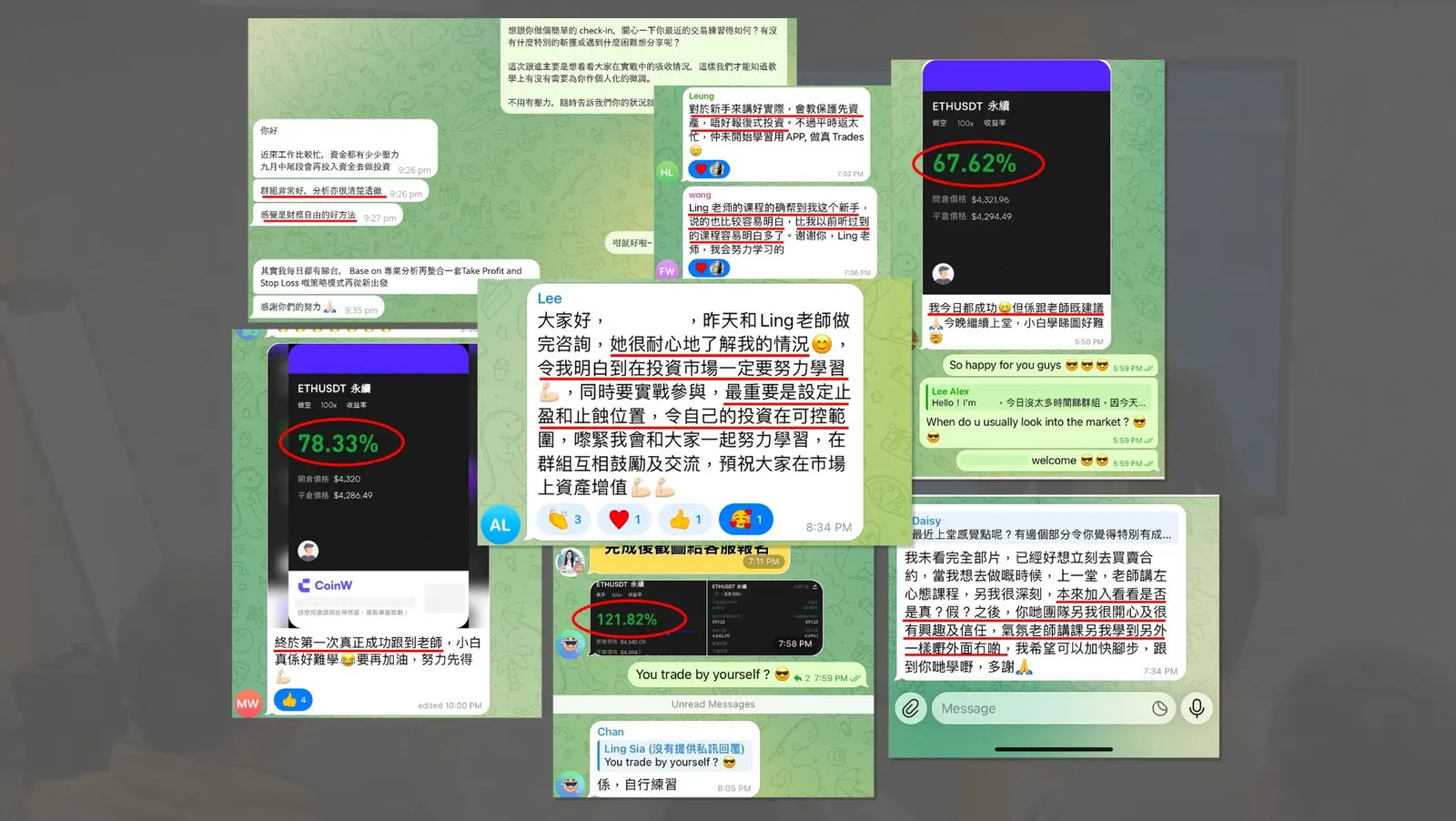 Ling 老師學員實戰交易截圖 67% 78% 121% 收益率 ETHUSDT